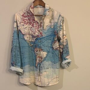 MISSLOOK Blue & White World Map Button-Up Shirt